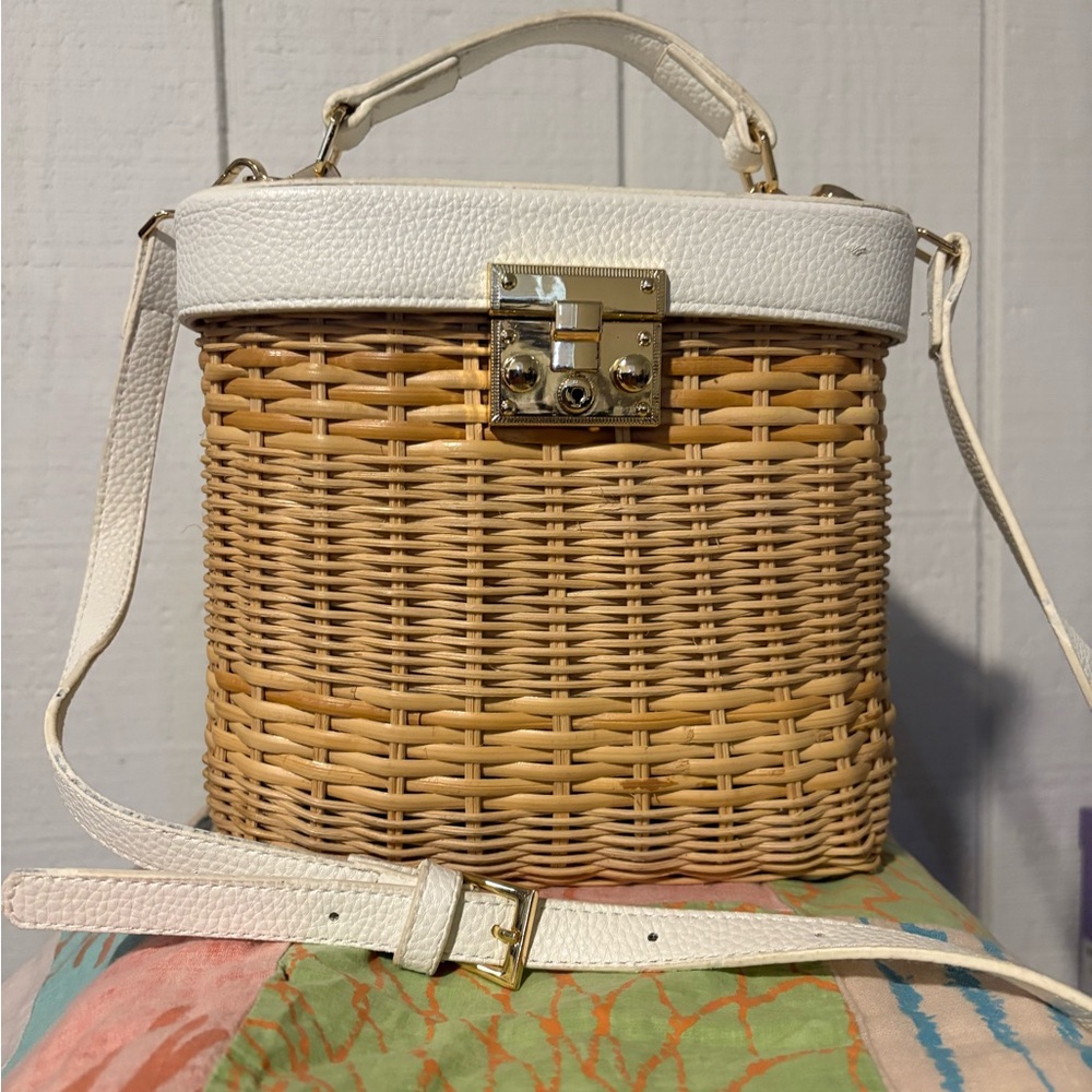 White and Tan Woven Basket Bag